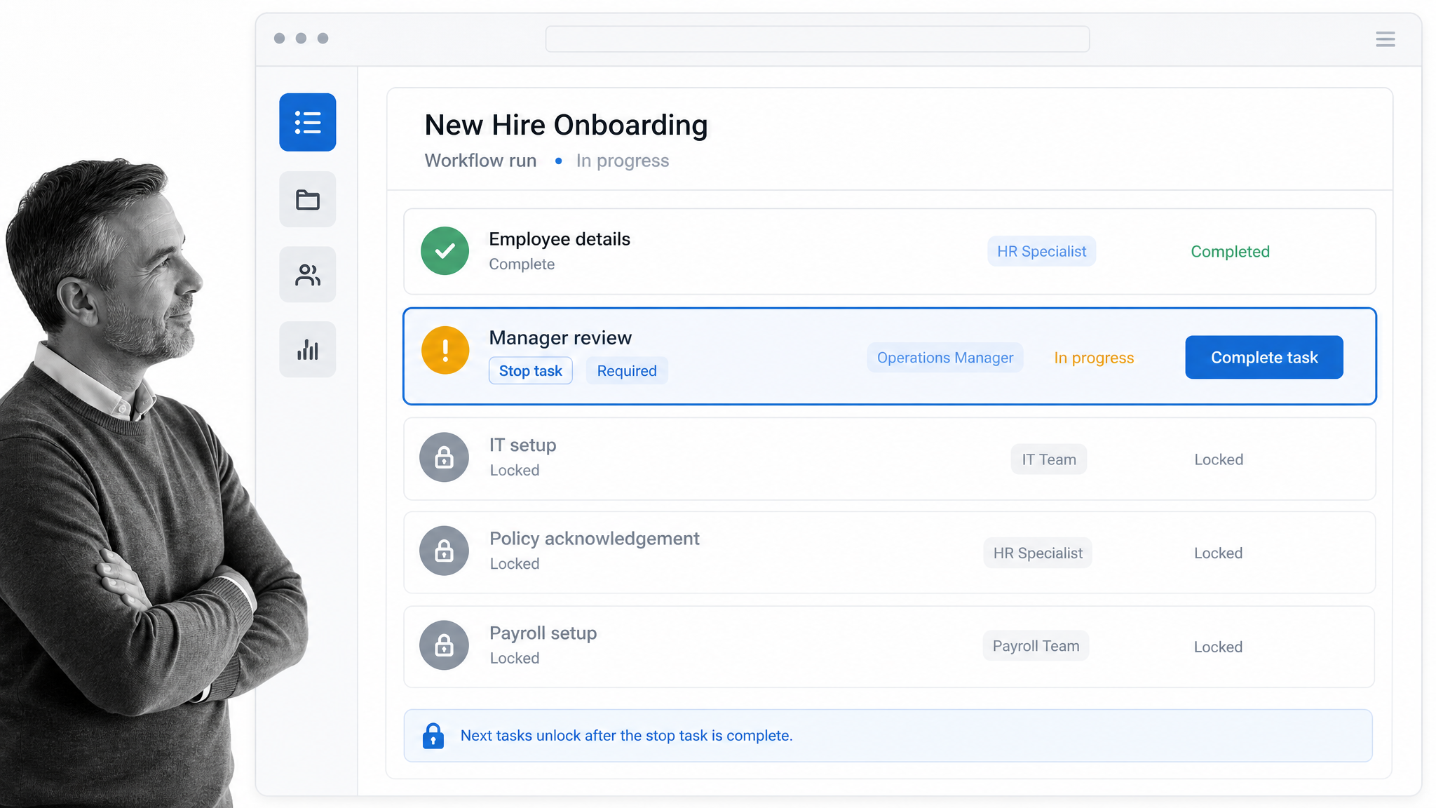 Process Street workflow run with a required stop task blocking later locked tasks until completion.