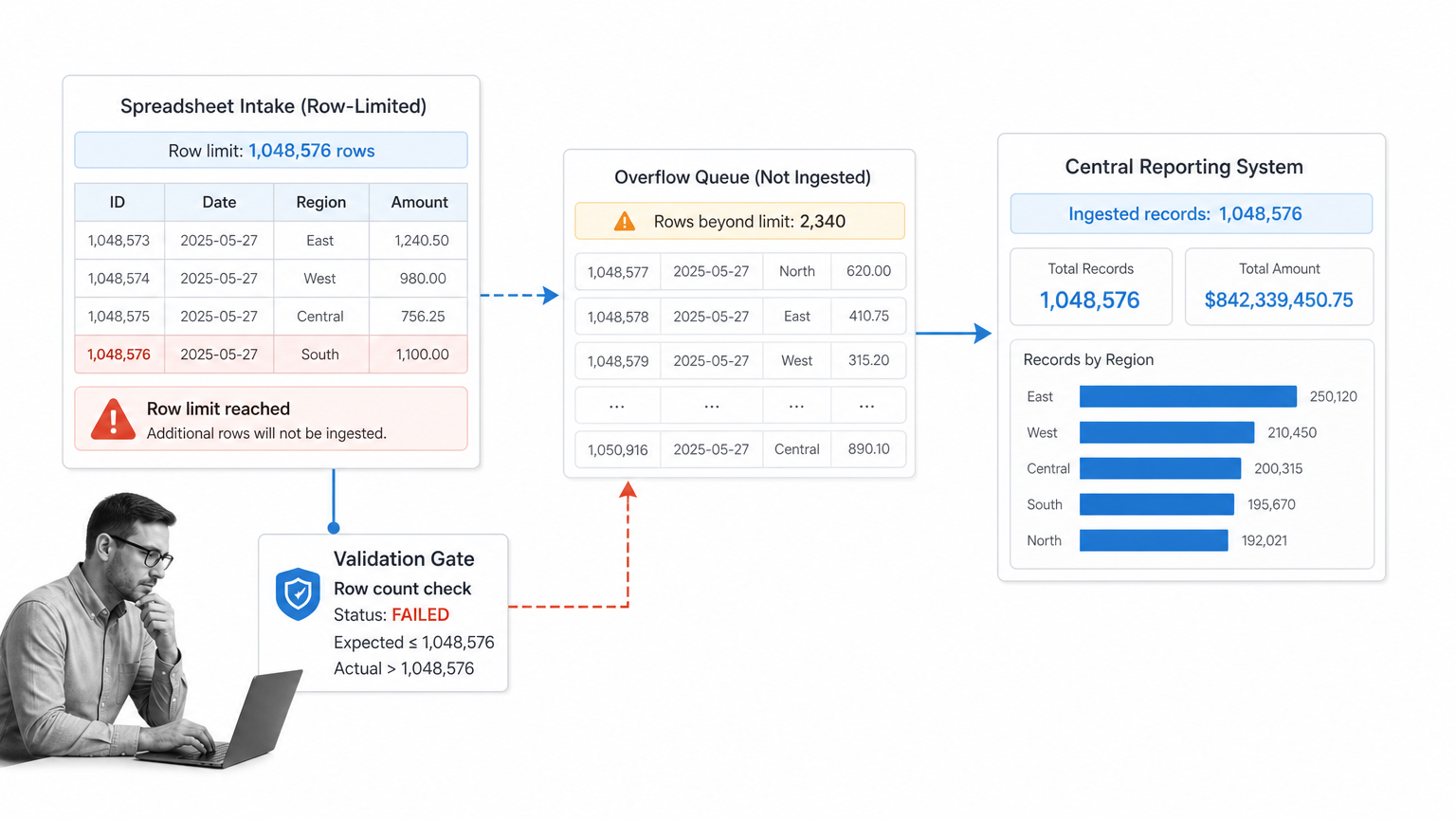 Spreadsheet row-limit data pipeline showing records dropped into an overflow queue before central reporting.