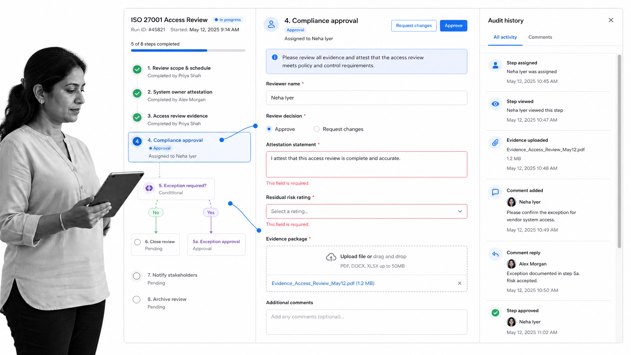 Process Street workflow run screen with approvals and audit history
