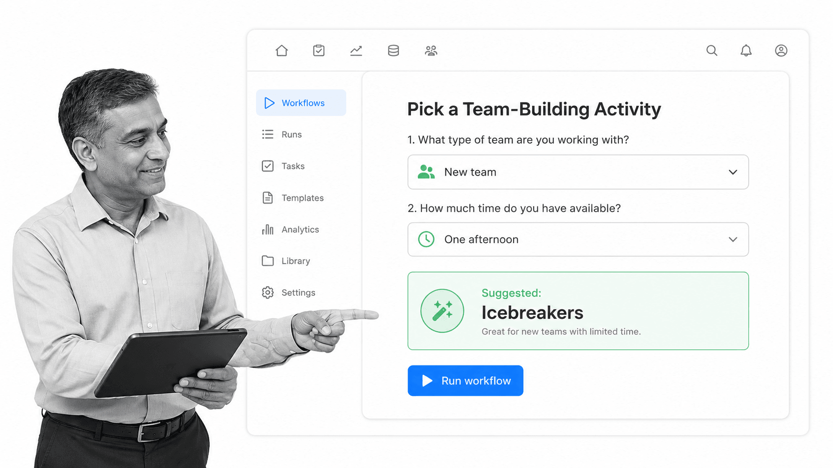 Process Street Pick a Team-Building Activity selector form recommending icebreakers for a new team