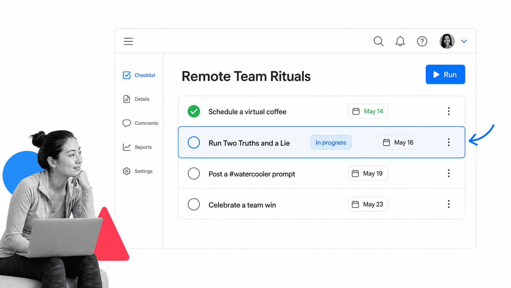 Process Street Remote Team Rituals checklist showing virtual coffee and icebreaker tasks with a remote worker at a laptop