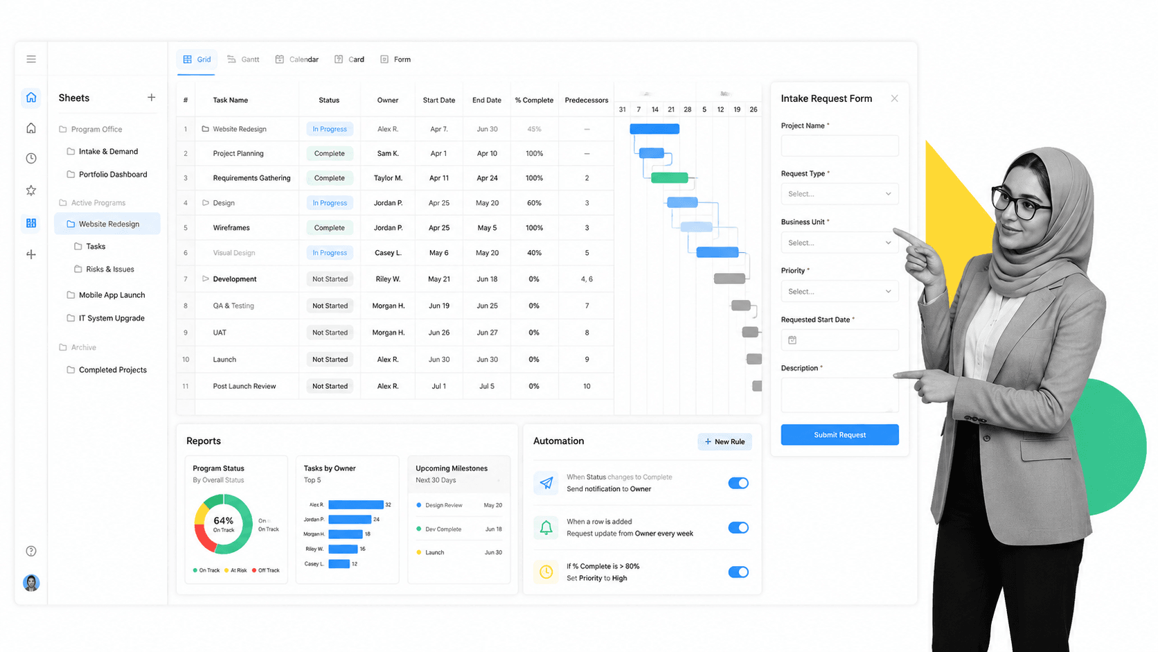 Smartsheet Trello alternative product UI for spreadsheet-style project and program management