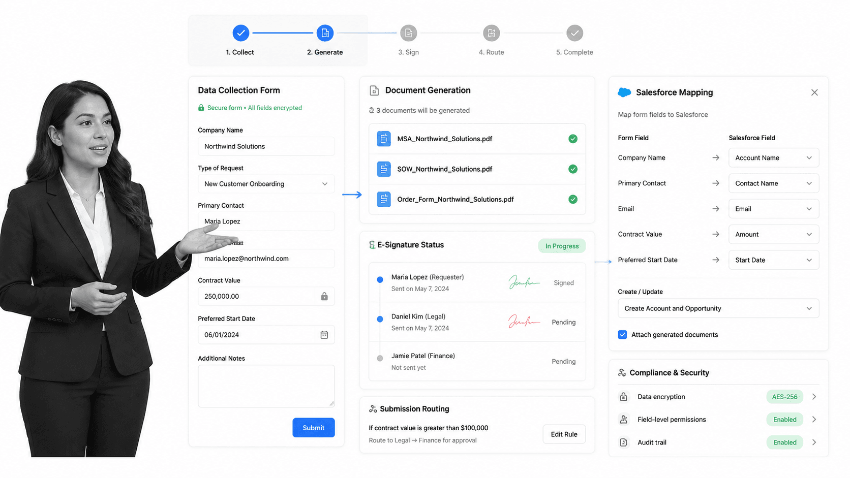 Formstack Typeform alternative product UI for secure business forms plus documents, signatures, and Salesforce-centered workflows