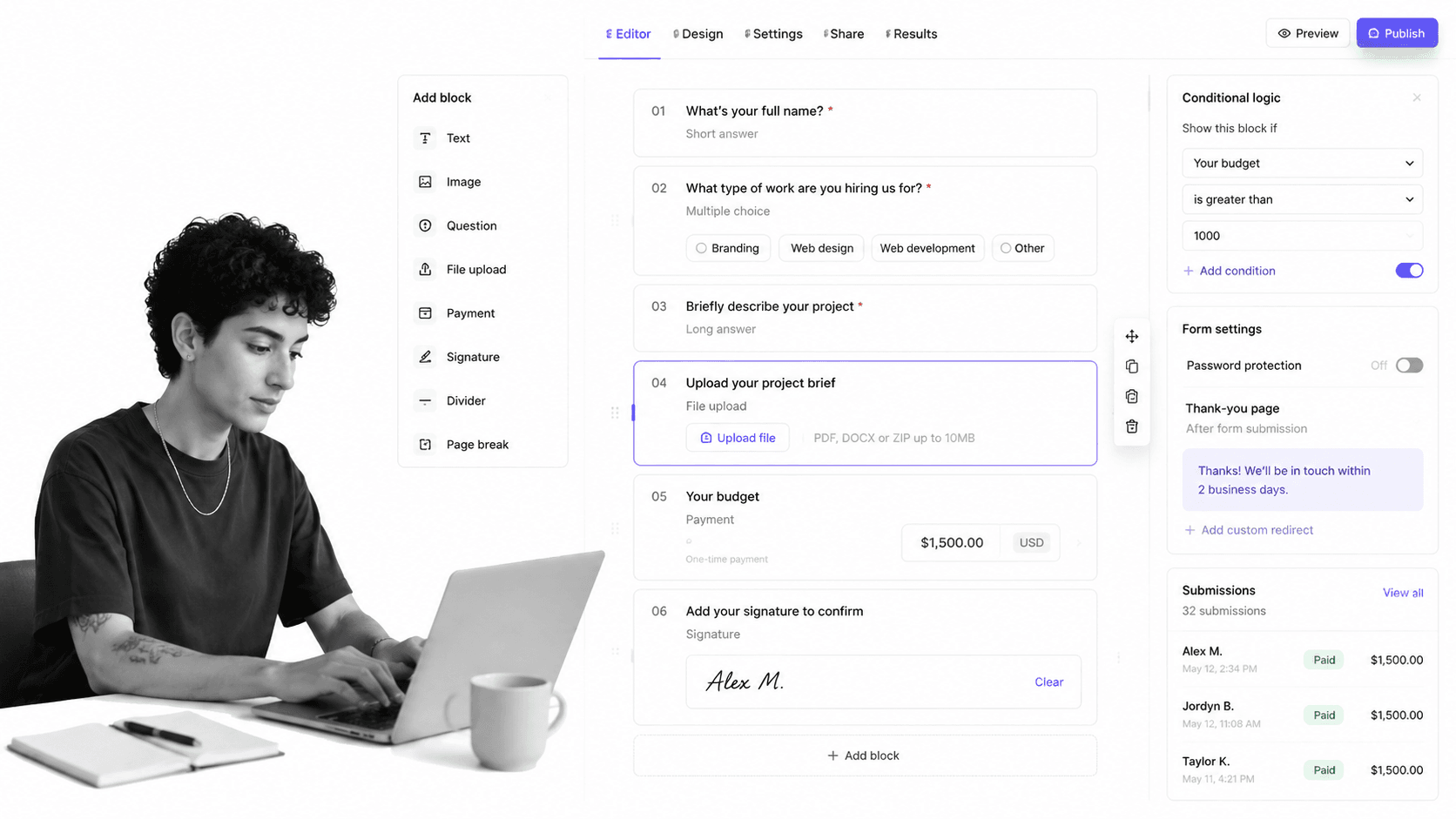 Tally Typeform alternative product UI for generous free forms with a document-style editor