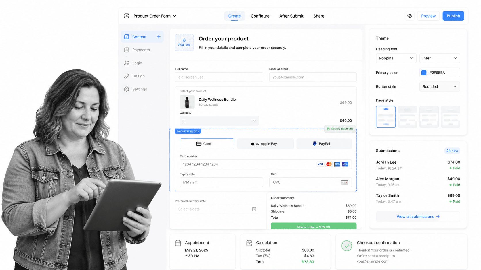 Paperform Typeform alternative product UI for branded form pages, order forms, payments, and SMB intake