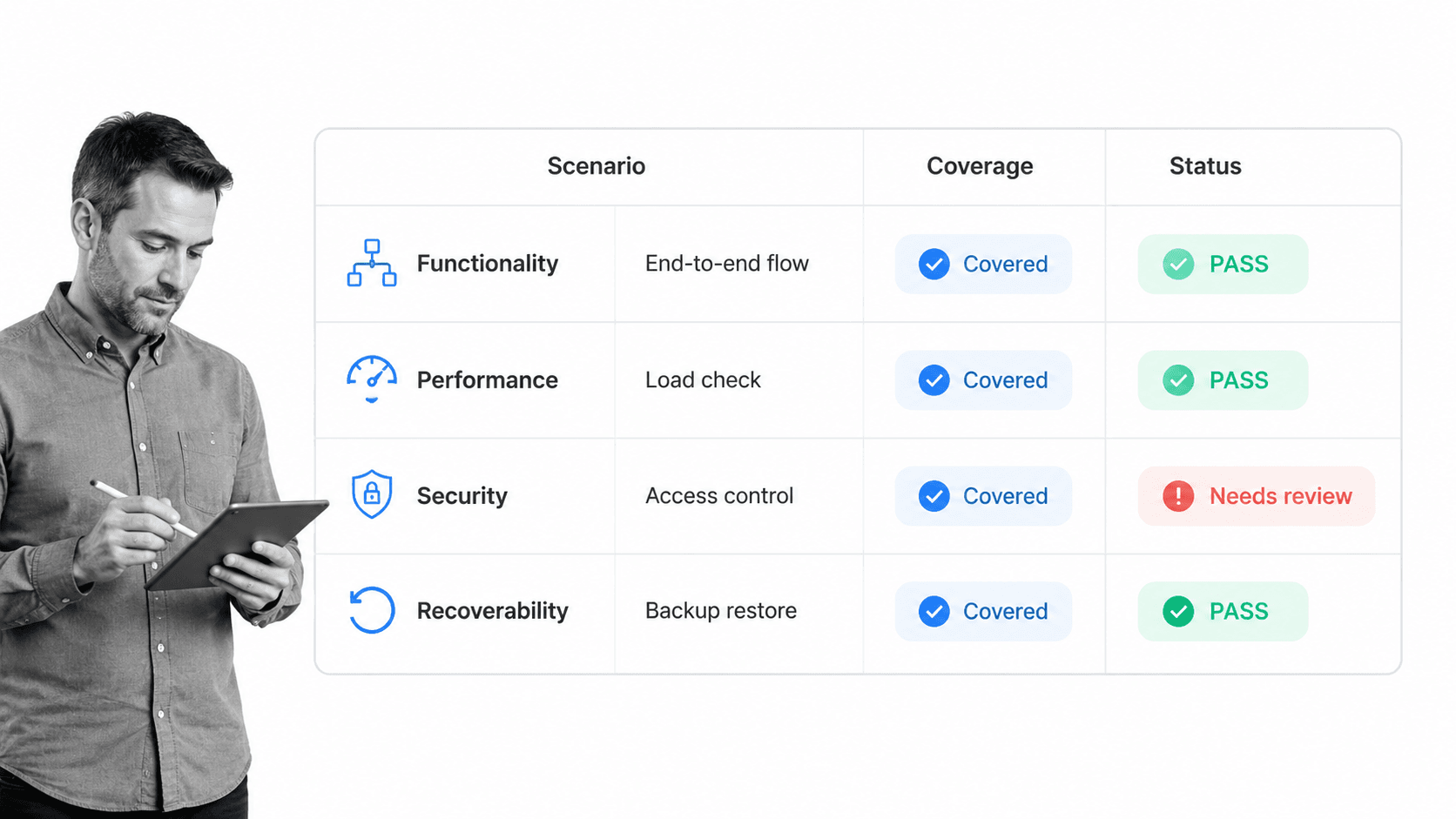 System testing coverage matrix for full product validation