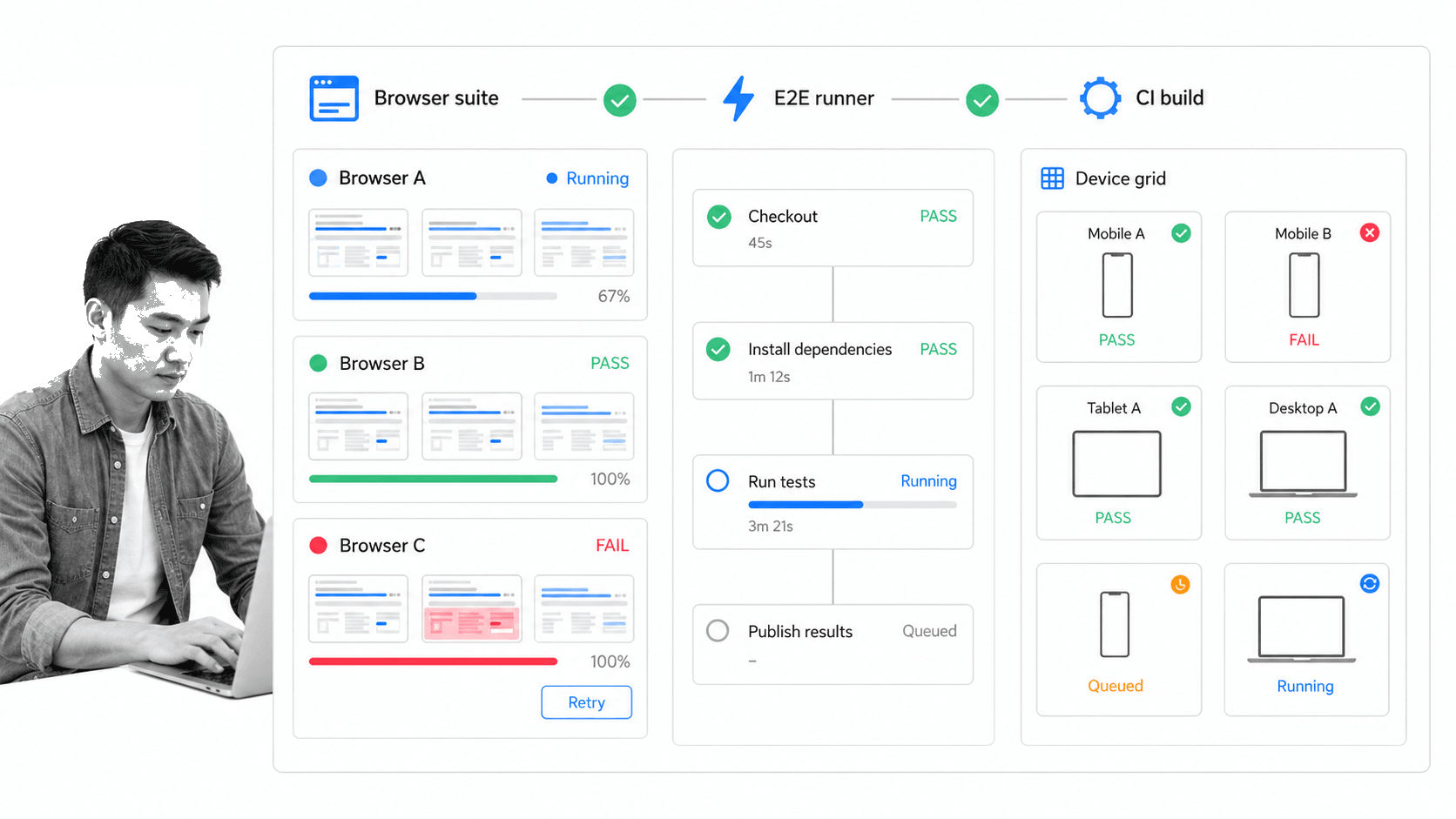 Automated testing toolchain with browser tests and CI pipeline