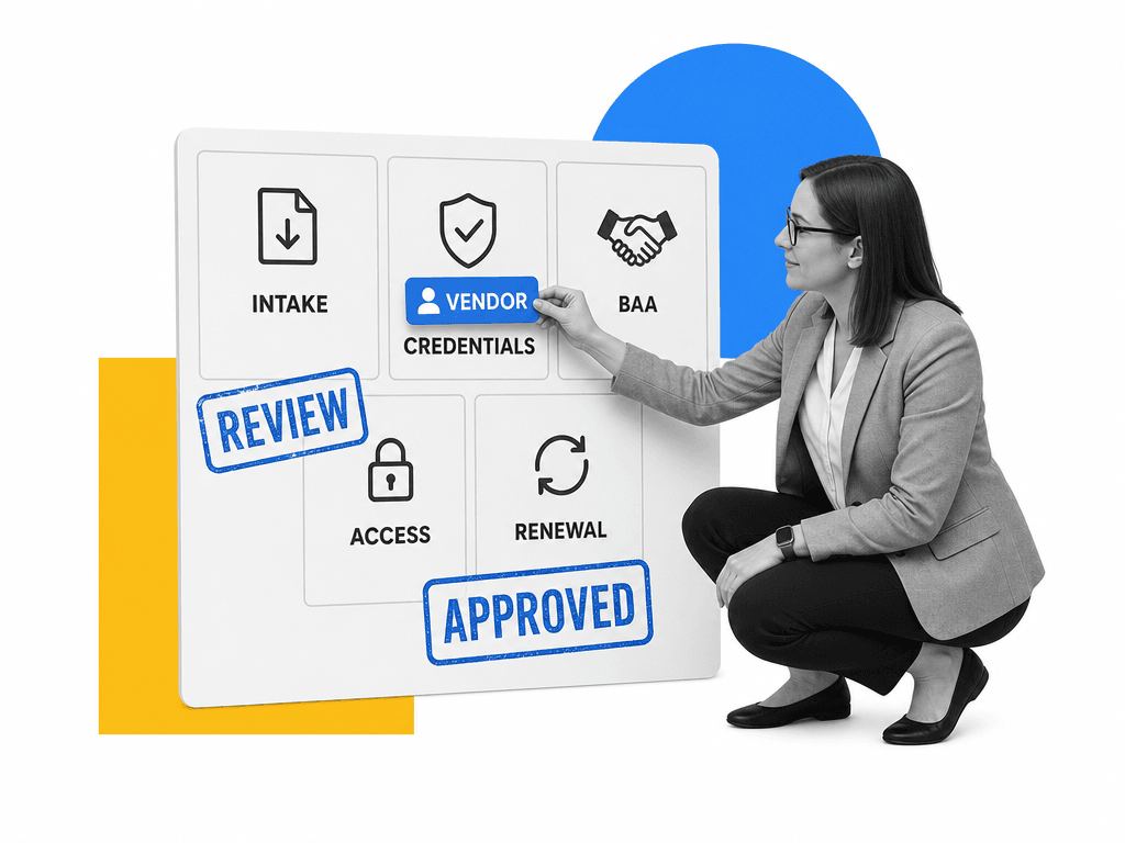 A healthcare procurement manager reviews vendor lifecycle checkpoints on a compliance board.
