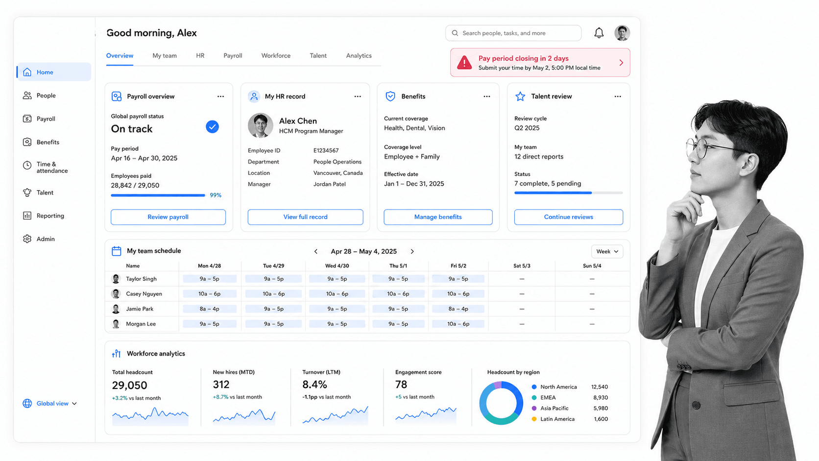 Dayforce Workday alternative product UI for global HCM teams that need payroll, HR, time, talent, and workforce management together