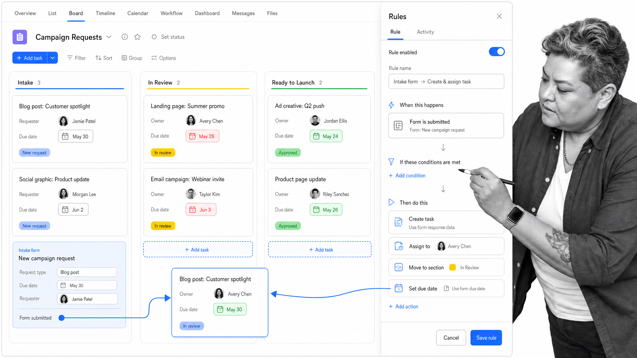 Asana Workflow Builder visual showing project tasks, rules, forms, and status automation.