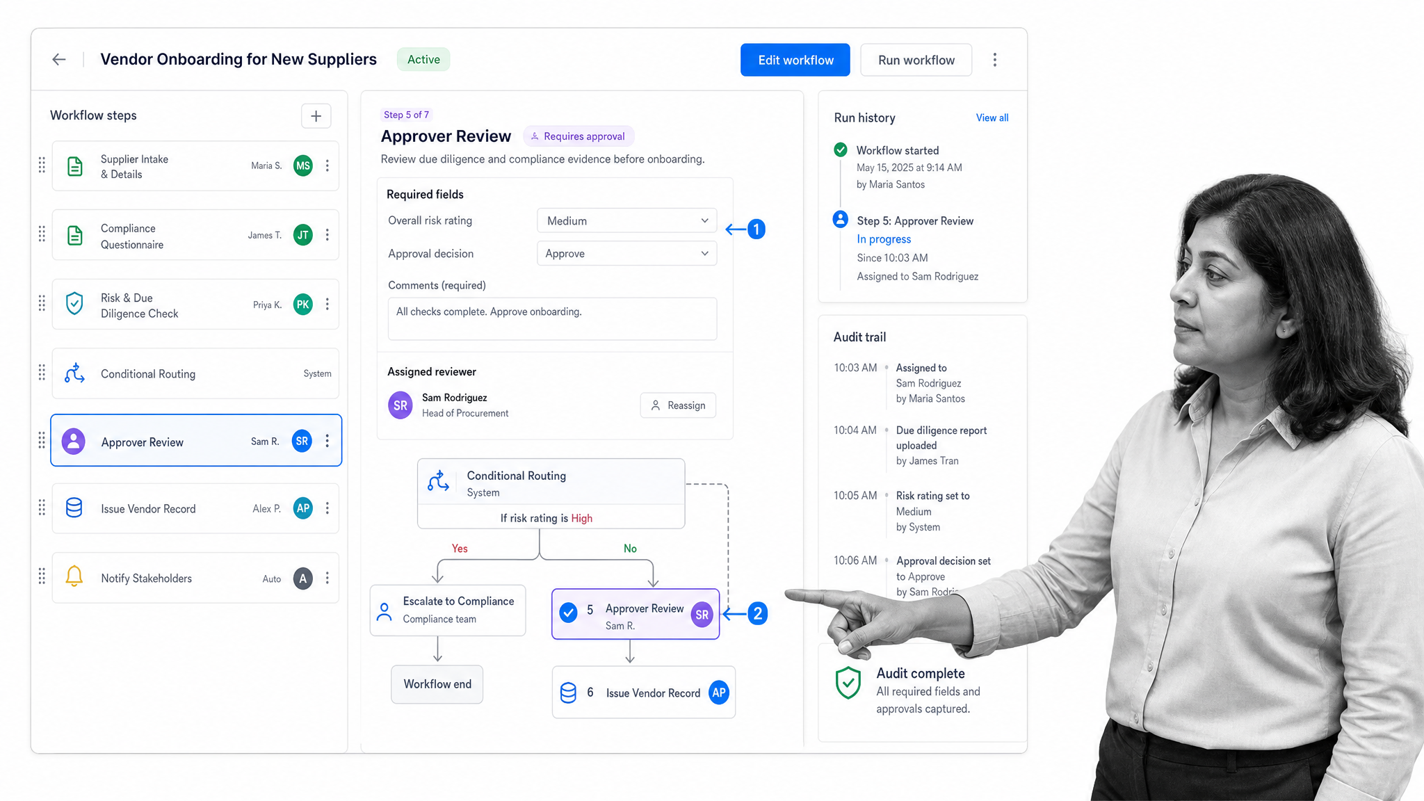 Process Street workflow builder showing conditional logic, approvals, and audit-ready workflow execution.