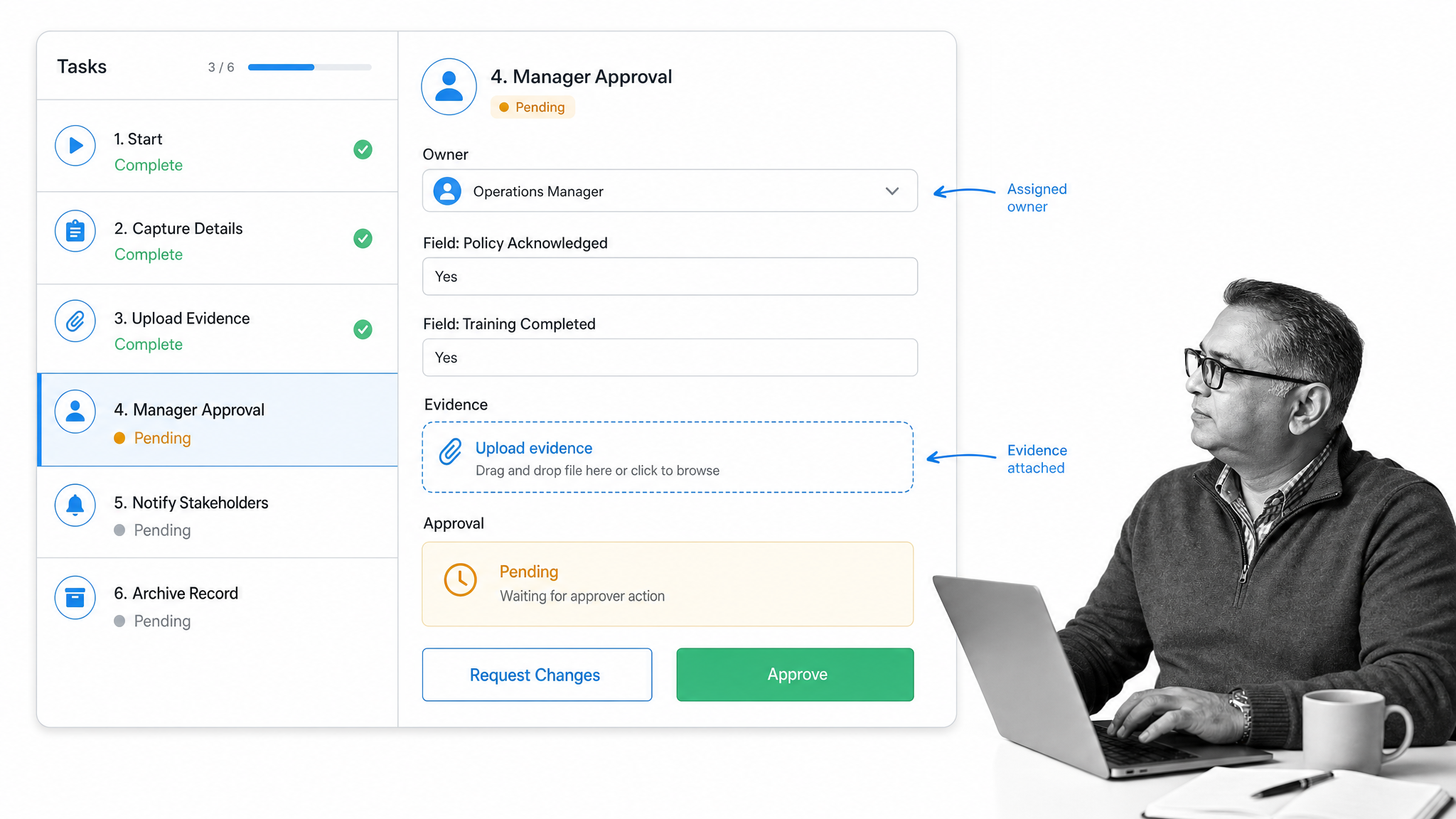 Process Street workflow editor turning a Word template into assigned tasks, forms, and approvals.