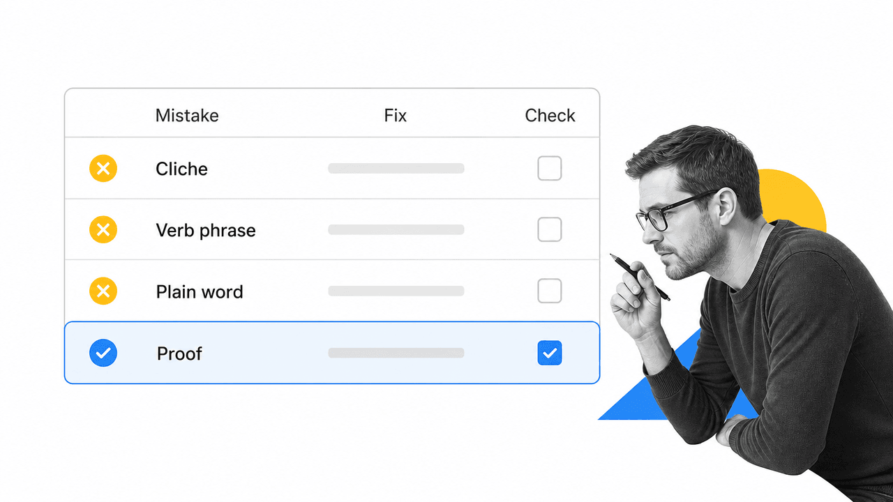 Four-row editing checklist for cliches verb phrases plain words and proof