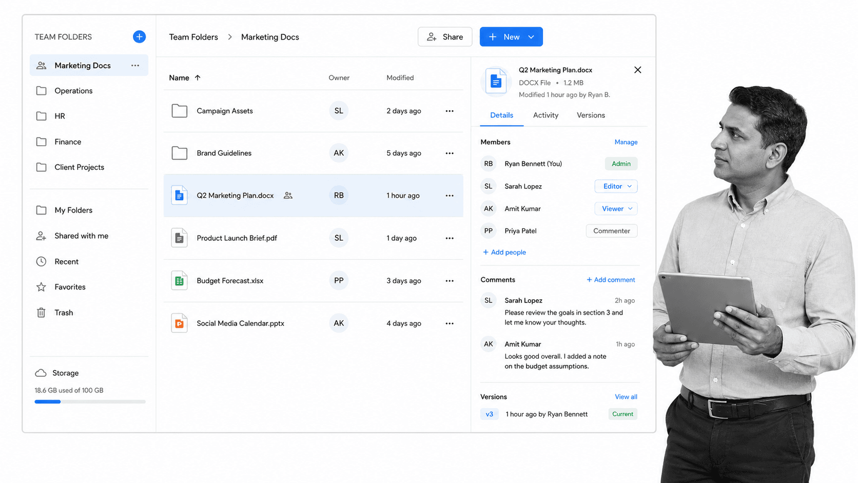 Zoho WorkDrive document management workspace with folders and approval controls