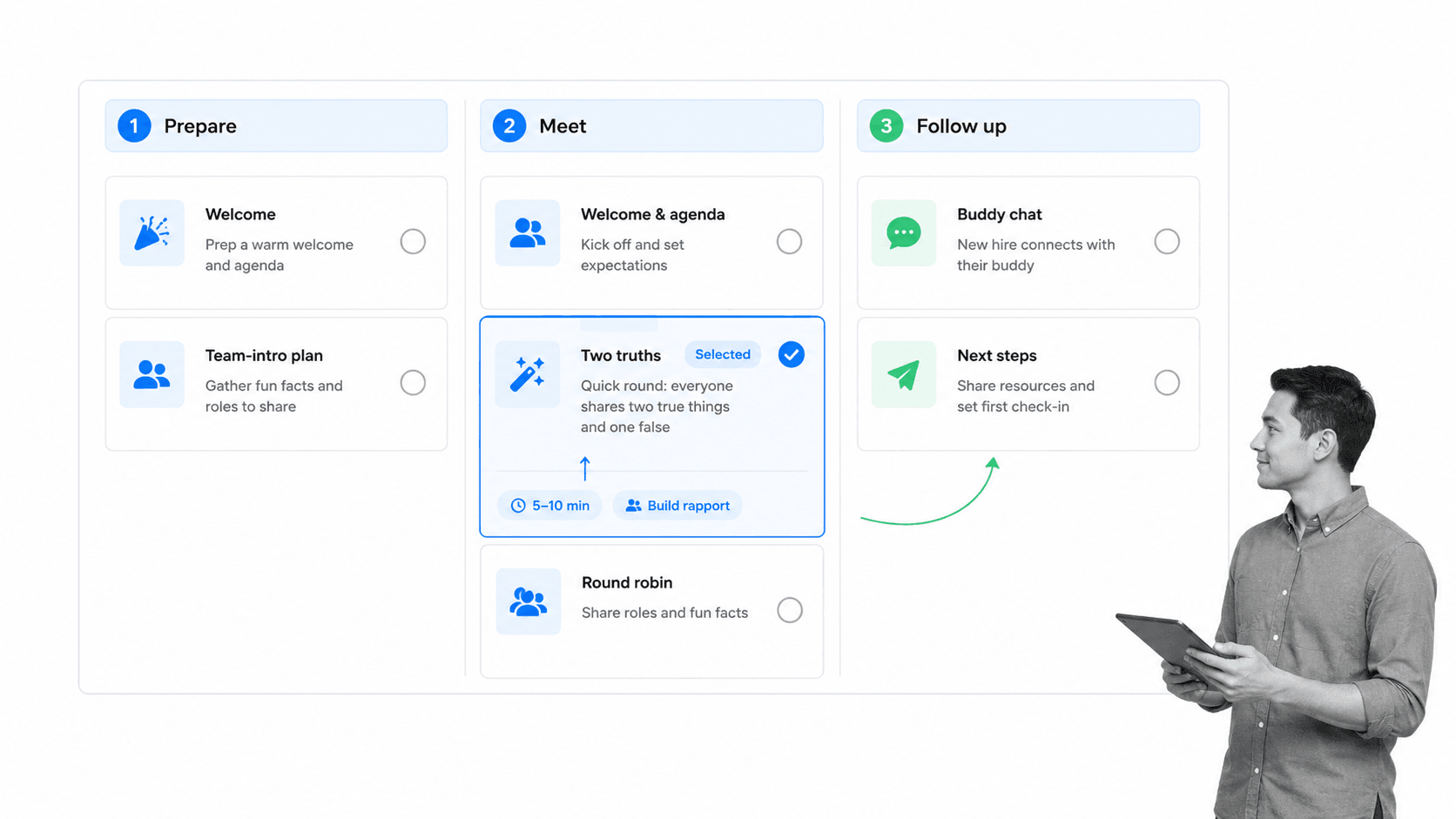 Team icebreaker agenda workflow for welcoming a new employee