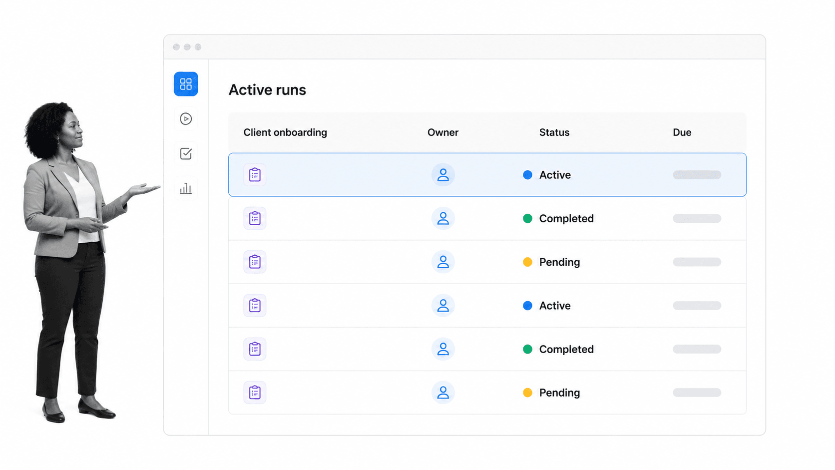 Workflow monitoring dashboard with active client onboarding runs and a black-and-white operations lead