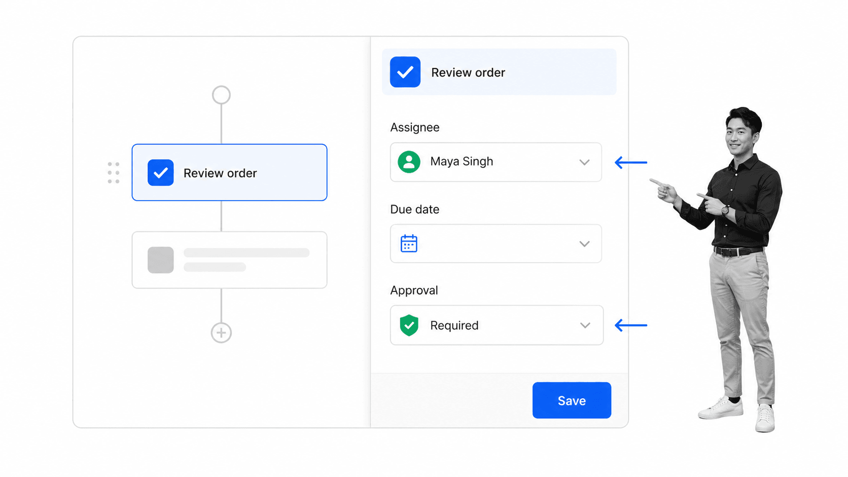 Workflow editor with assignee, due date, and approval settings beside a black-and-white workflow designer