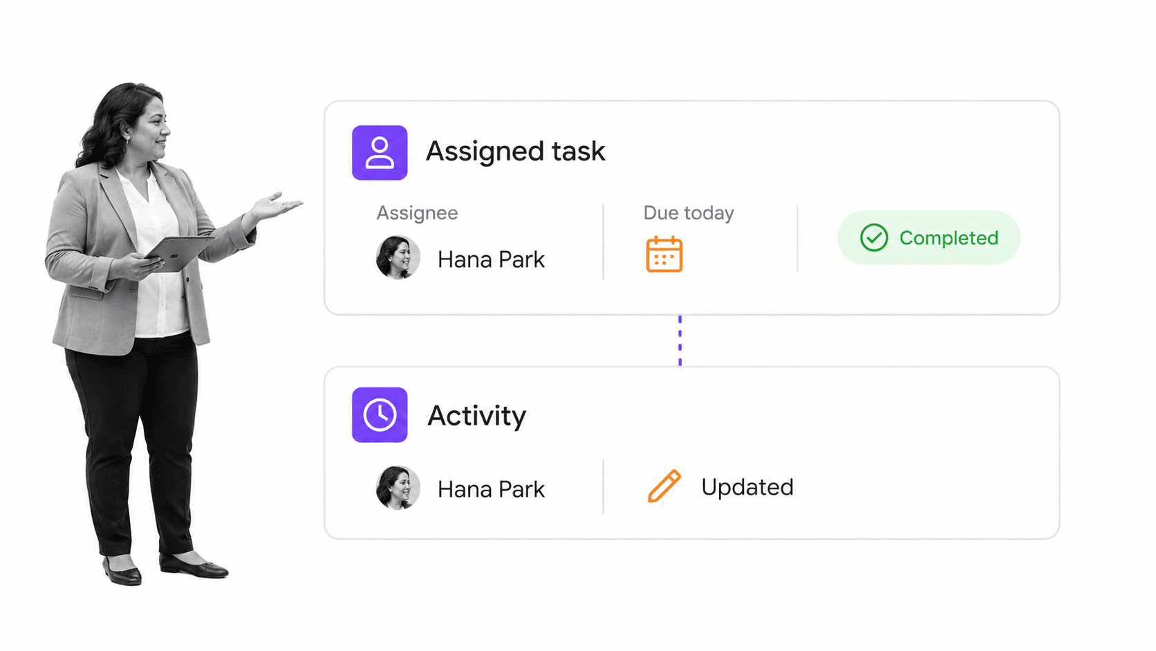 Assigned workflow-run task and activity history beside a black-and-white team lead