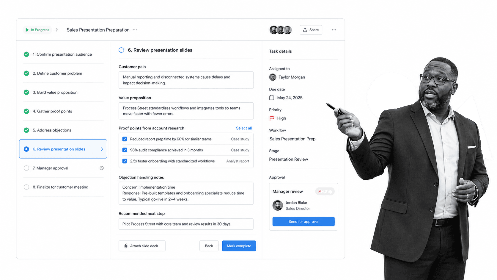 Process Street workflow for preparing a customer sales presentation