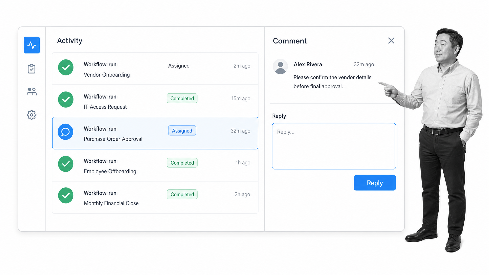 Organization activity feed with a selected update and comment reply panel