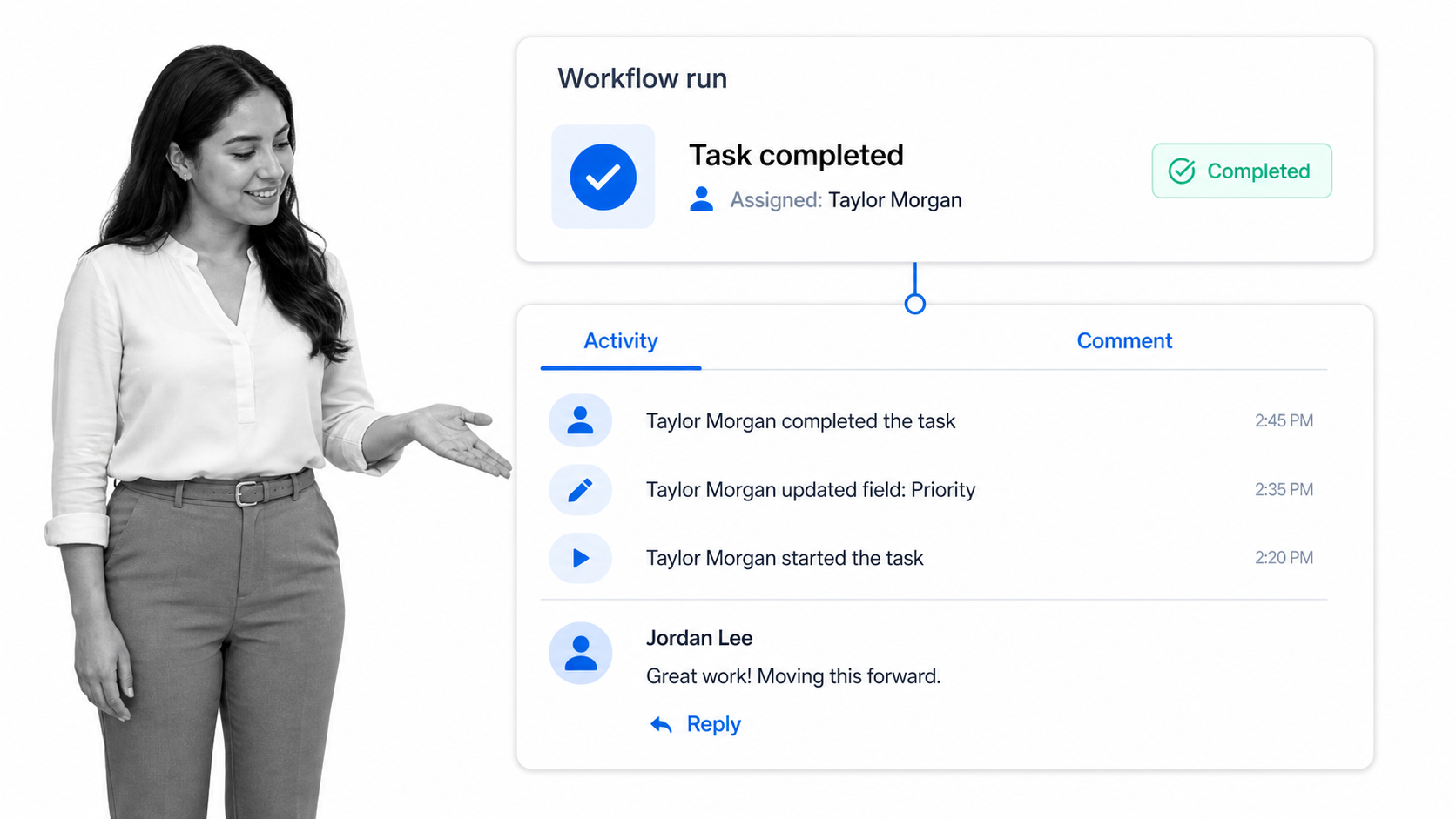 Workflow-run activity history and contextual comment thread