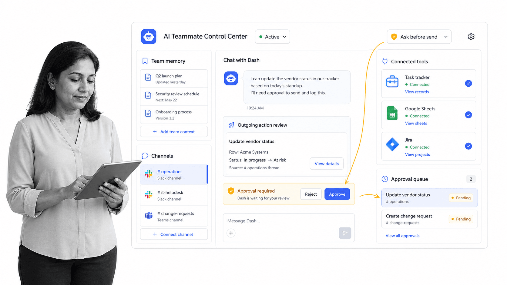 Dash AI coworker for Slack product UI for Slack and Microsoft Teams teams that want an approval-first AI teammate