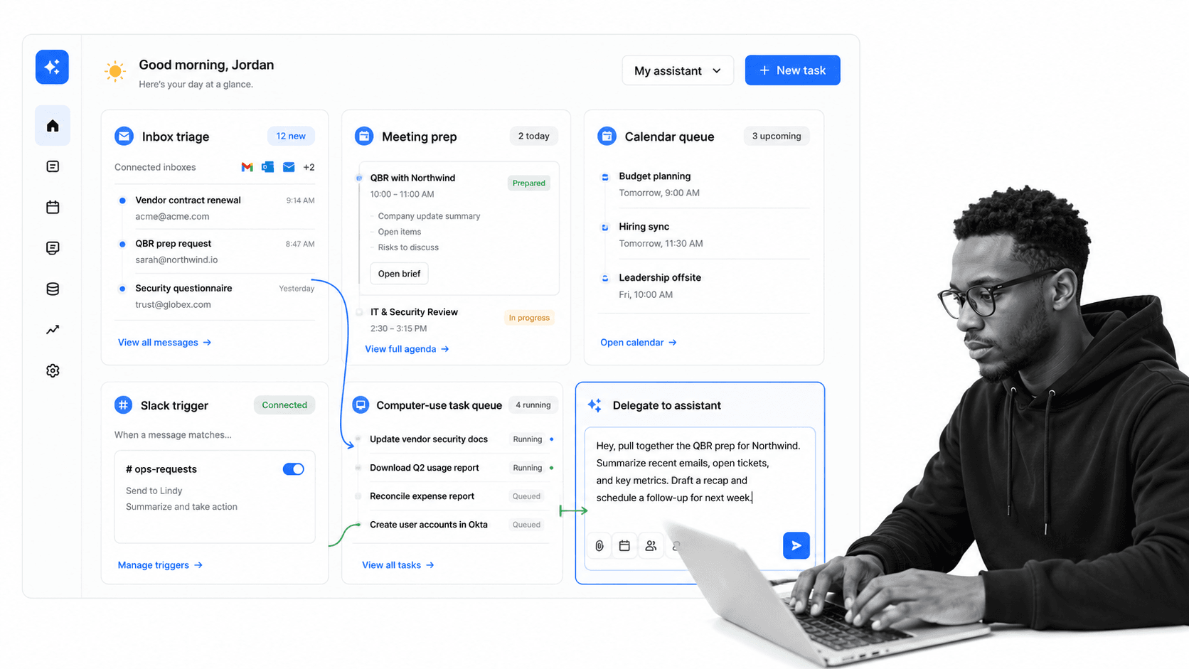 Lindy AI coworker for Slack product UI for Delegating assistant-style work across Slack, inboxes, meetings, and calendars