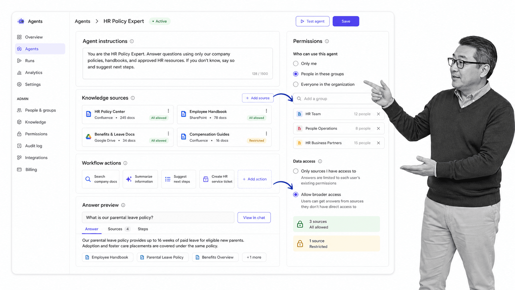 Glean Agents AI coworker for Slack product UI for Enterprise knowledge agents grounded in company data