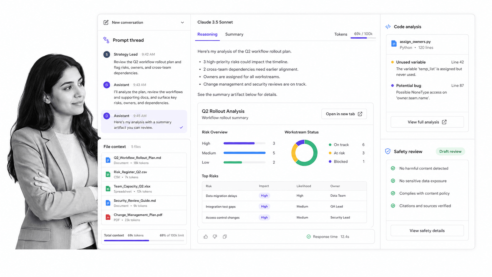 Claude AI coworker for Slack product UI for High-quality reasoning and drafting where users can bring the context