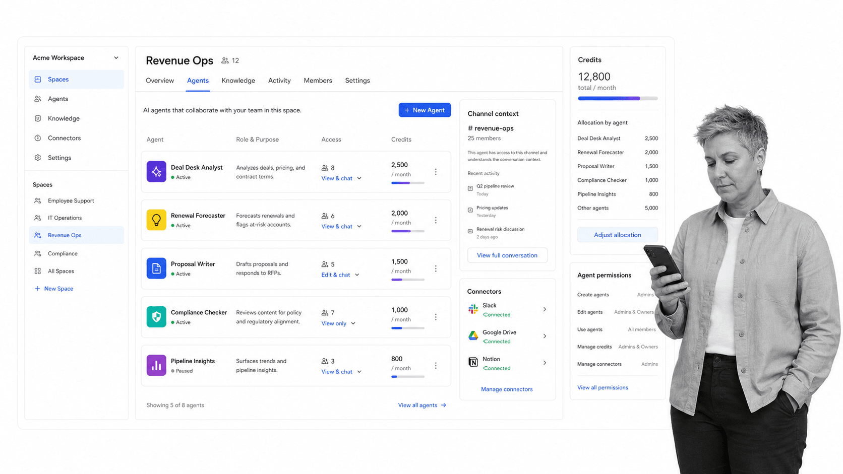 Dust AI coworker for Slack product UI for Shared AI agents connected to internal knowledge and Slack channels