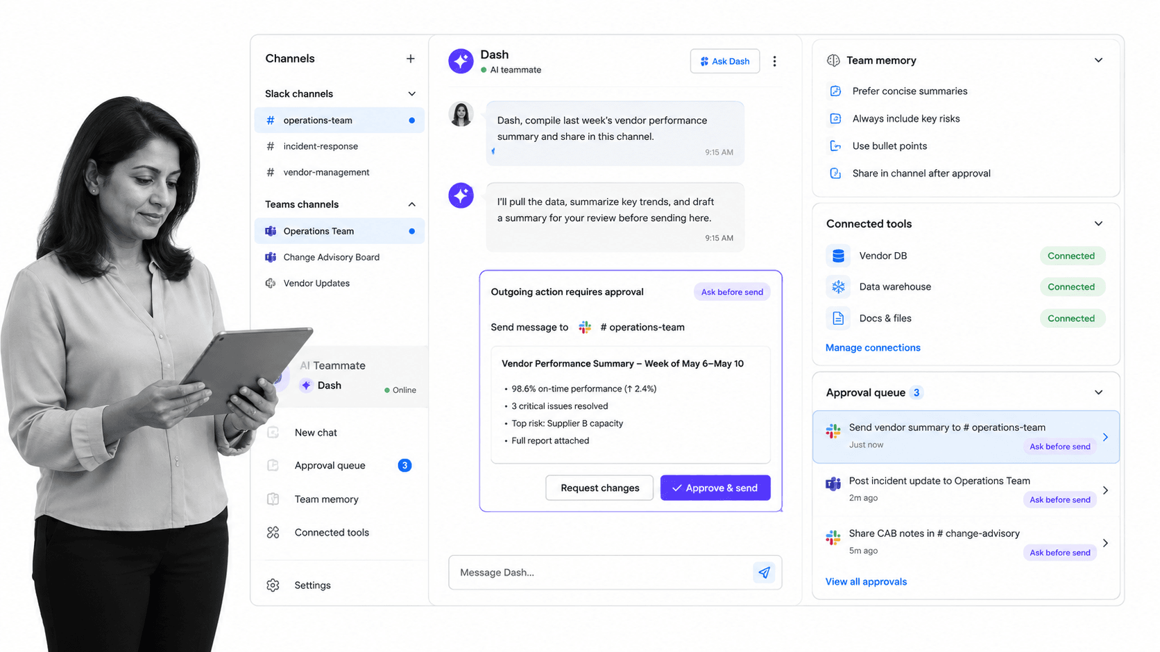 Dash AI employee for Slack product UI for Slack and Microsoft Teams teams that want an approval-first AI teammate