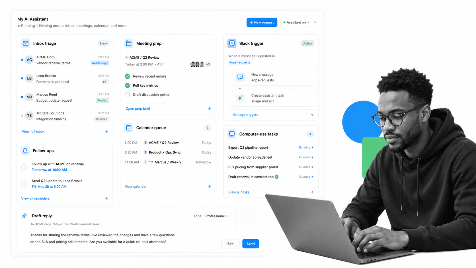 Lindy AI employee for Slack product UI for Delegating assistant-style work across Slack, inboxes, meetings, and calendars