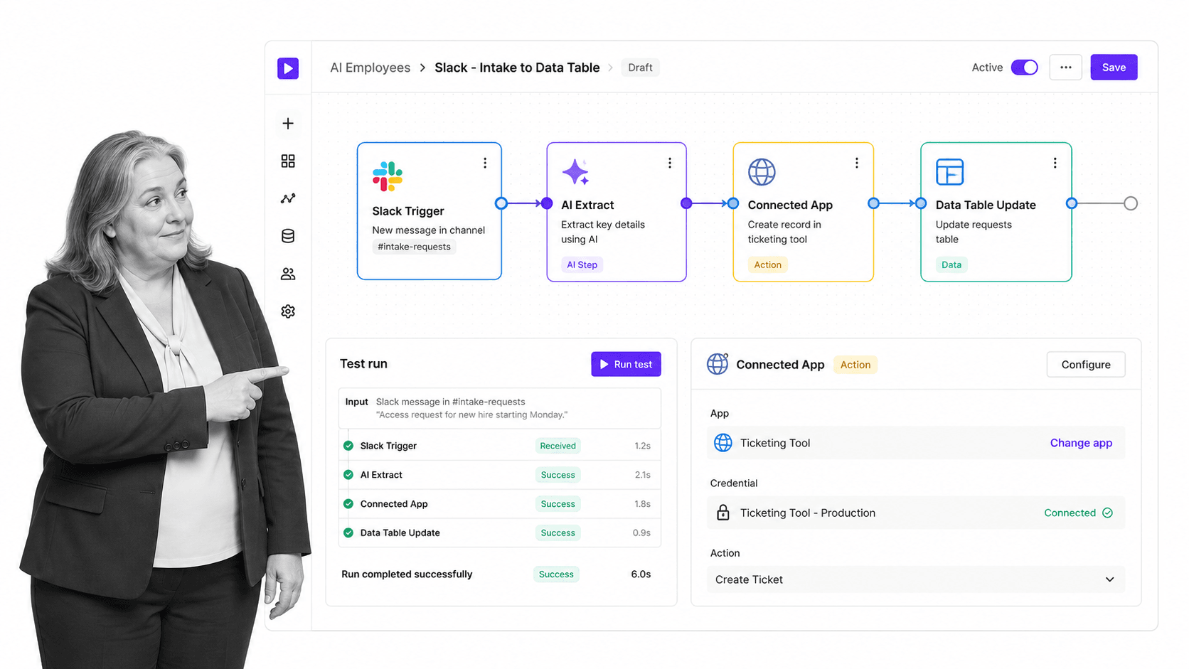 Gumloop AI employee for Slack product UI for Teams that want visual AI workflow building with app actions