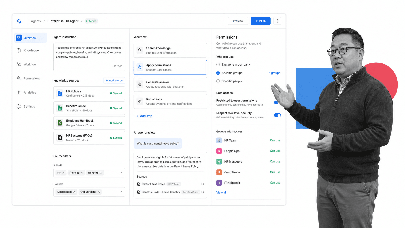 Glean Agents AI employee for Slack product UI for Enterprise knowledge agents grounded in company data