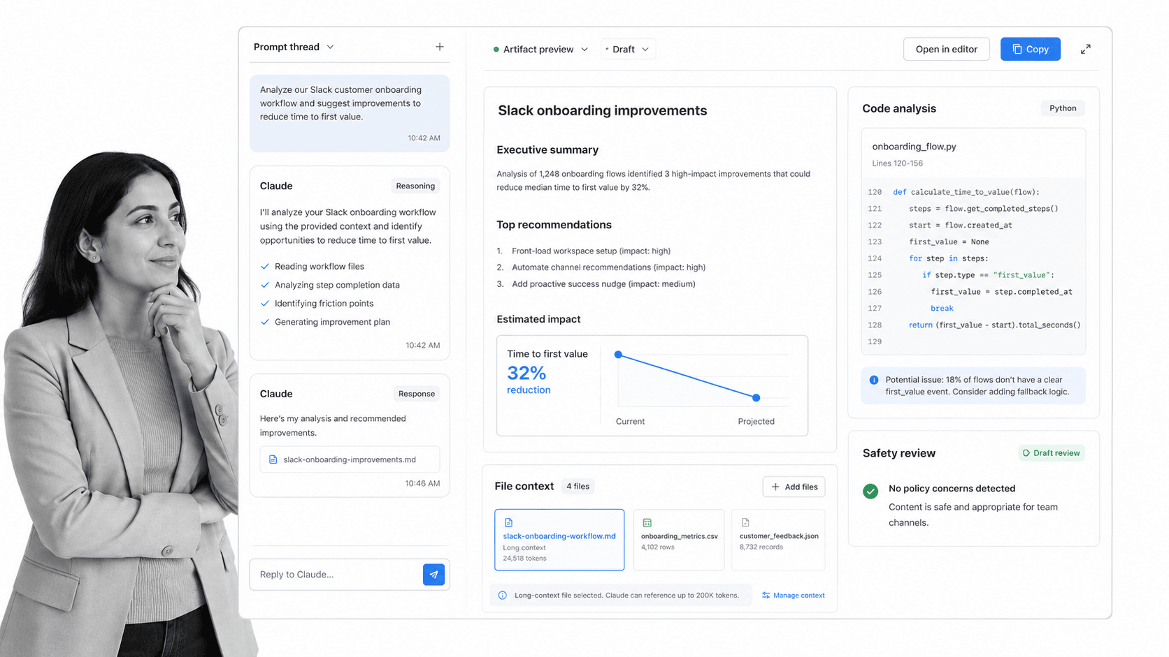Claude AI employee for Slack product UI for High-quality reasoning and drafting where users can bring the context