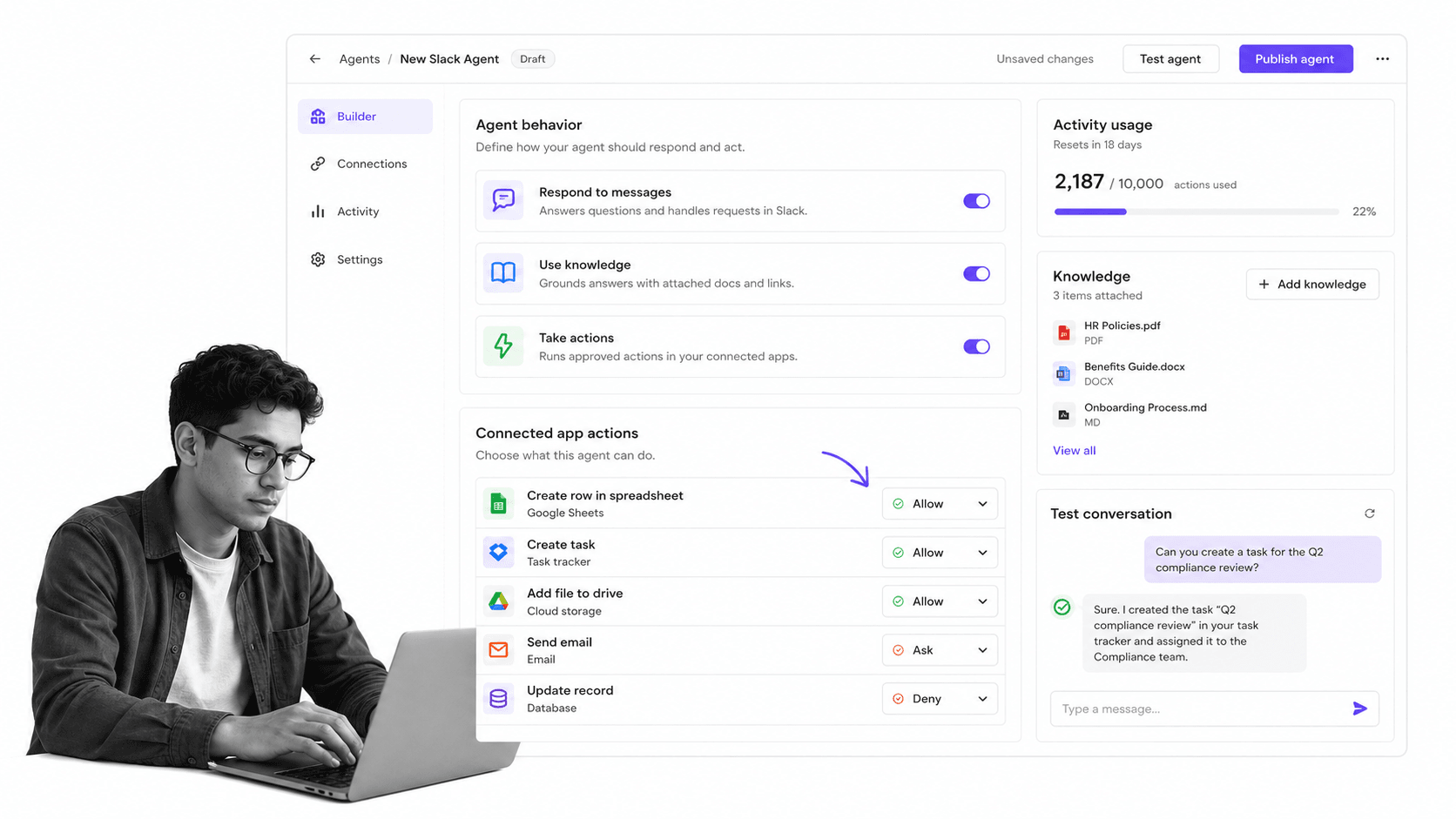 Zapier Agents AI employee for Slack product UI for AI agents that act across a broad app automation network