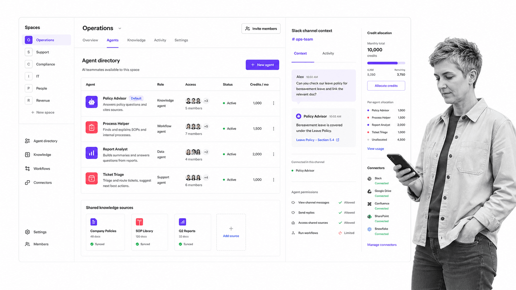 Dust AI employee for Slack product UI for Shared AI agents connected to internal knowledge and Slack channels