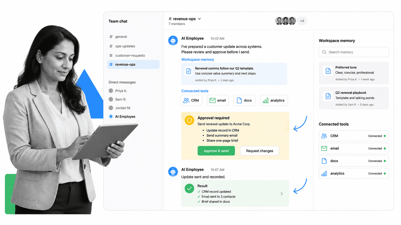 Dash AI employee product UI for Teams that want an approval-first AI employee in Slack and Microsoft Teams