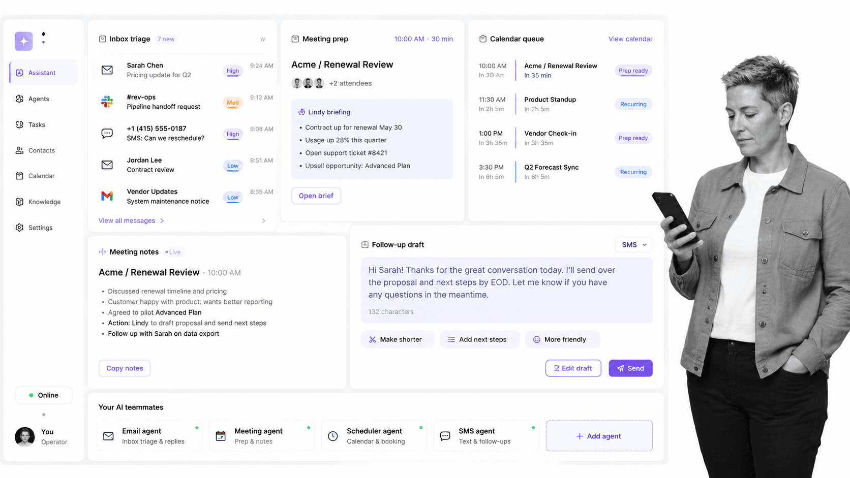 Lindy AI employee product UI for Assistant-style delegation across inboxes, meetings, calendars, and messages
