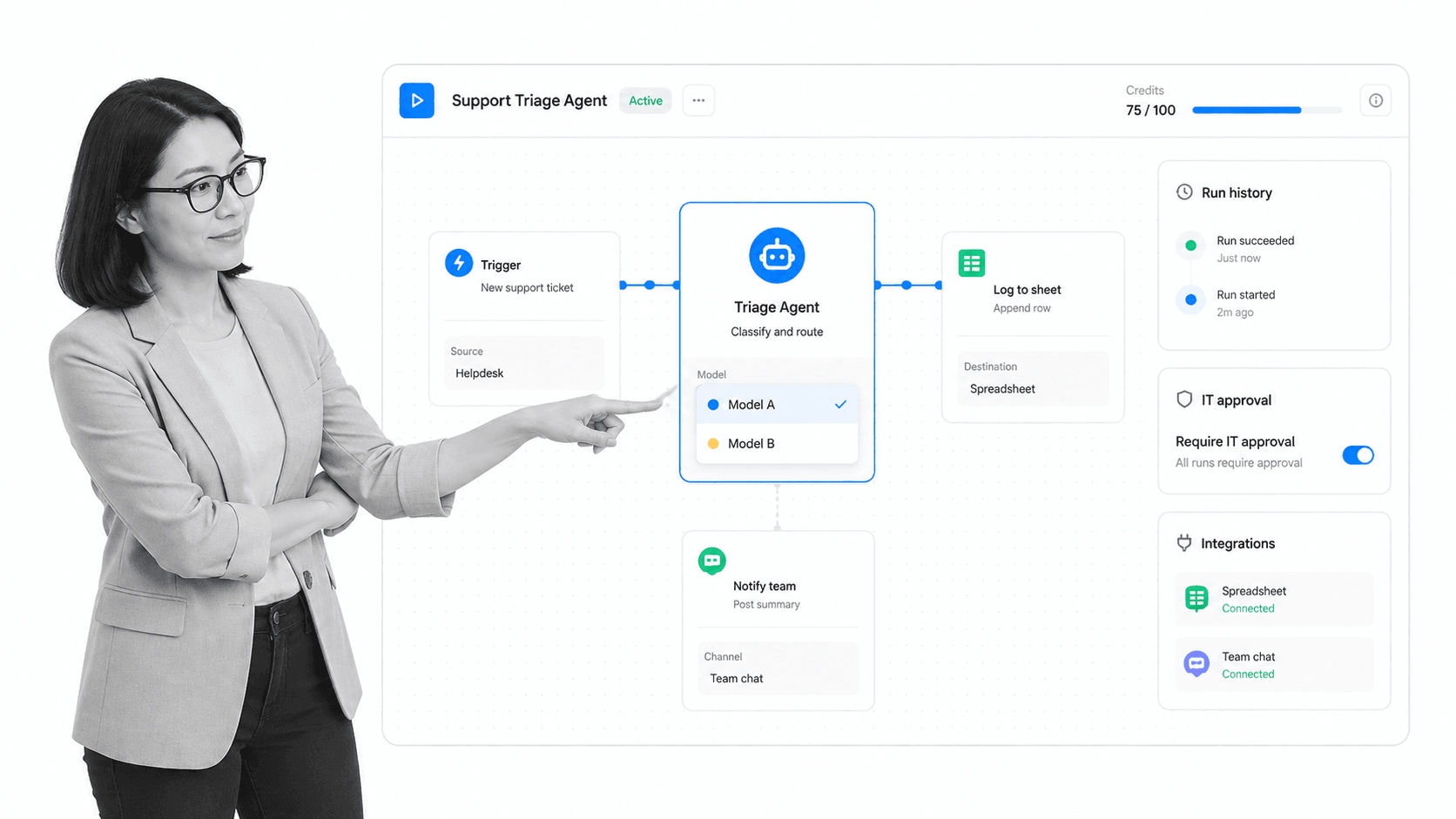Gumloop AI employee product UI for Operations teams building visual AI workflows and agents with IT controls