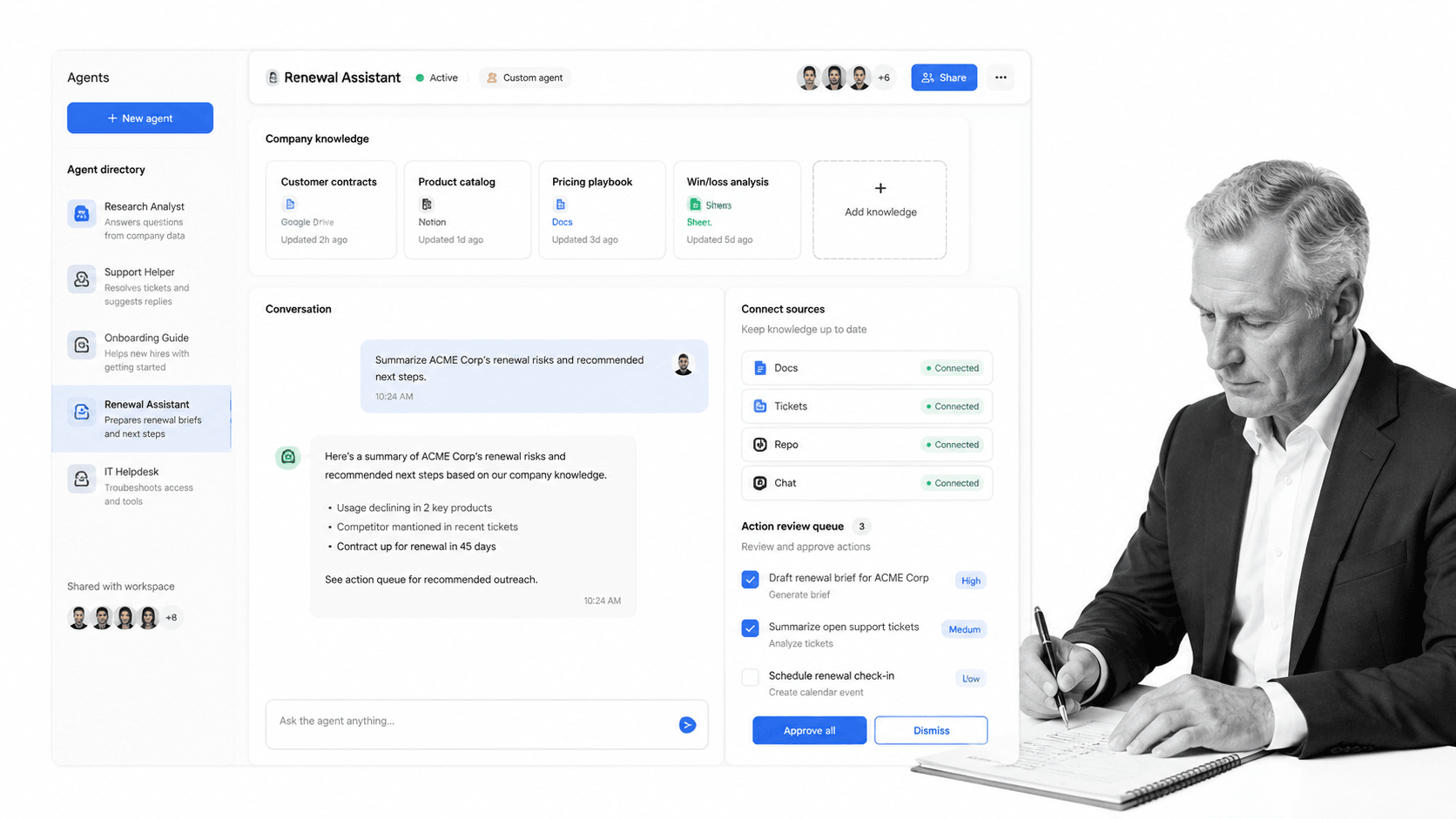 Dust AI employee product UI for Teams that want a shared AI workspace for custom agents and company knowledge