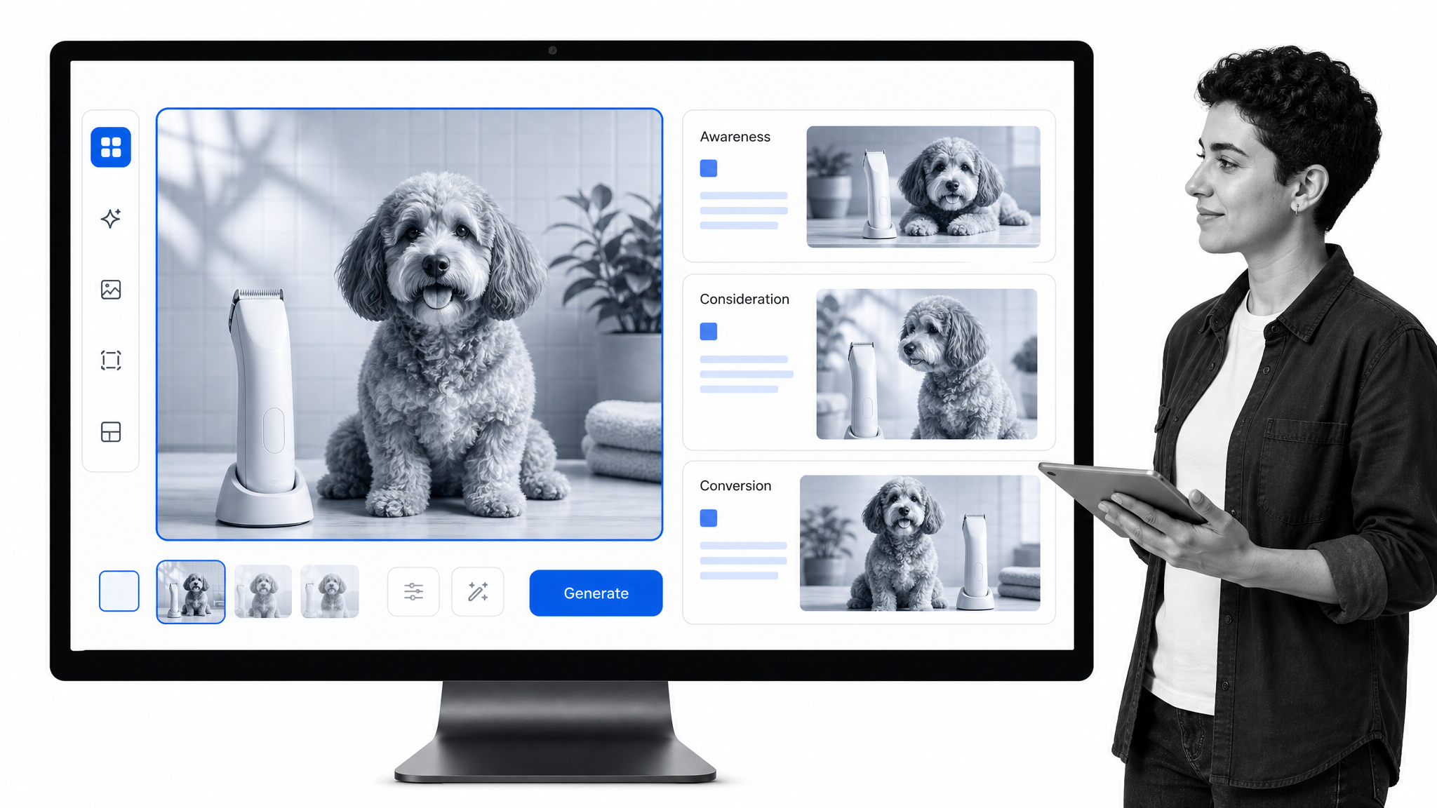 A generative creative builder adapts pet-grooming imagery across the marketing funnel