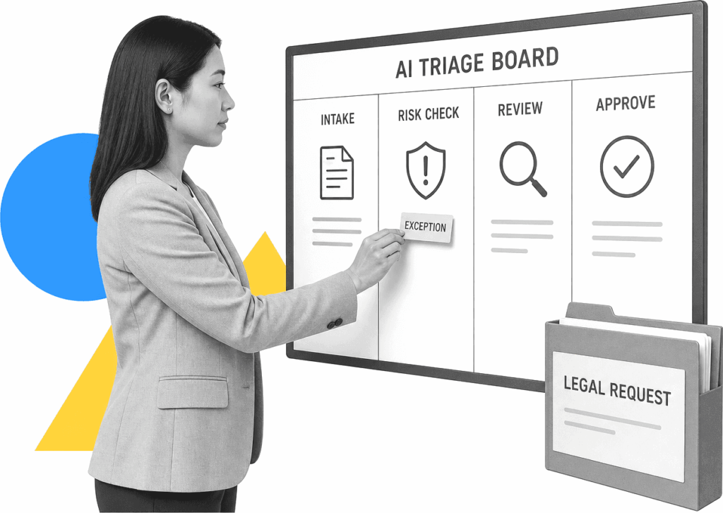 A legal operations manager reviews AI-labeled workflow steps for a legal request.