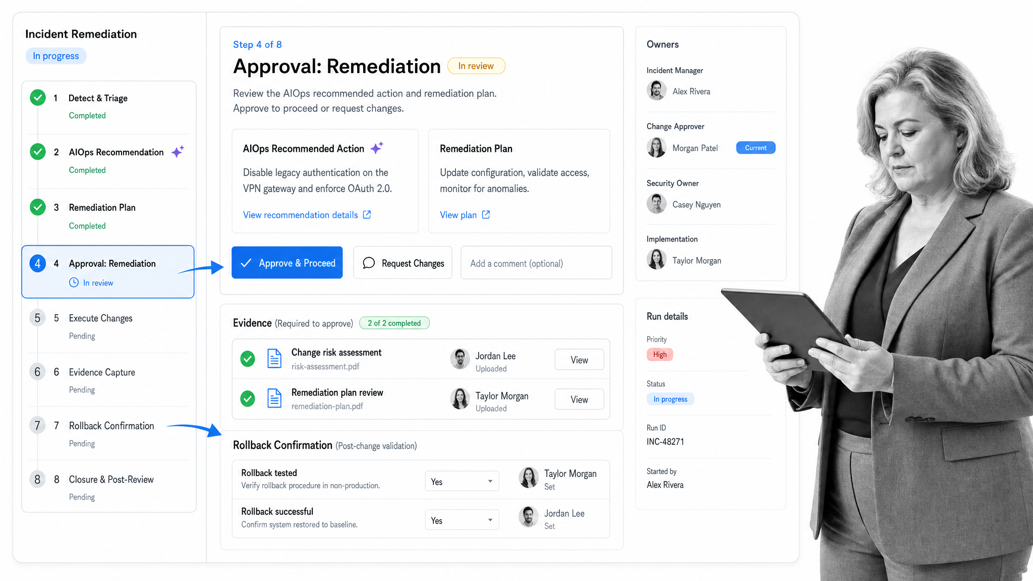 Process Street controlled remediation workflow for AIOps incident response with approval and evidence steps.