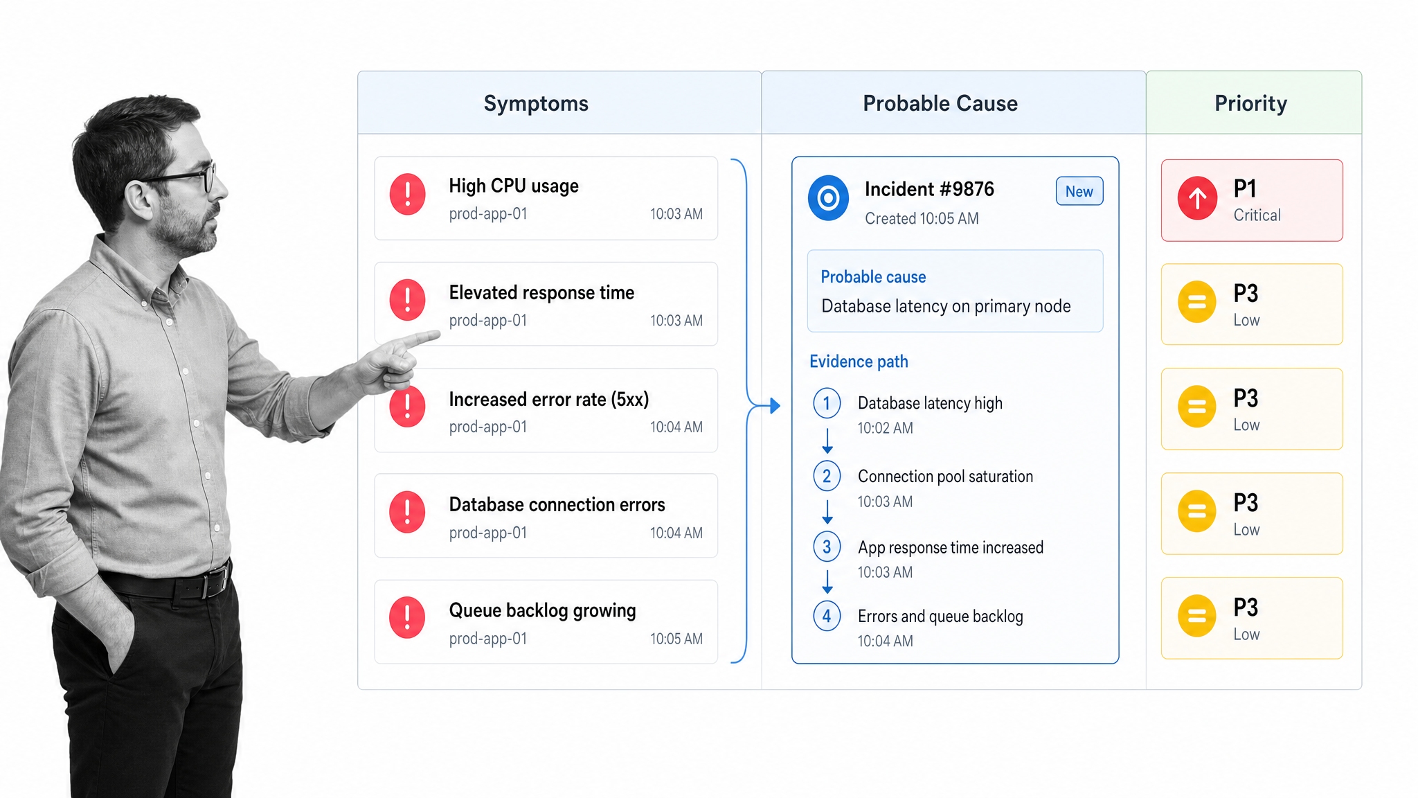 AIOps incident correlation matrix grouping related alerts into one probable cause and action priority.