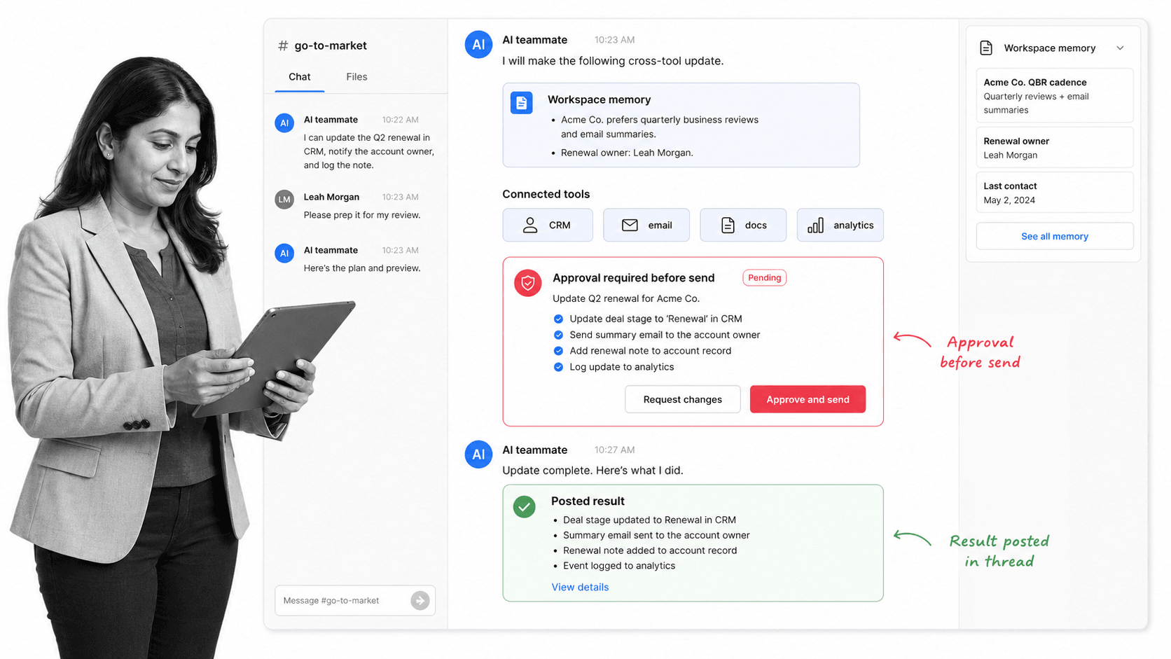 Dash Anthropic AI employee alternative product UI for Teams that want an approval-first AI coworker in Slack and Microsoft Teams