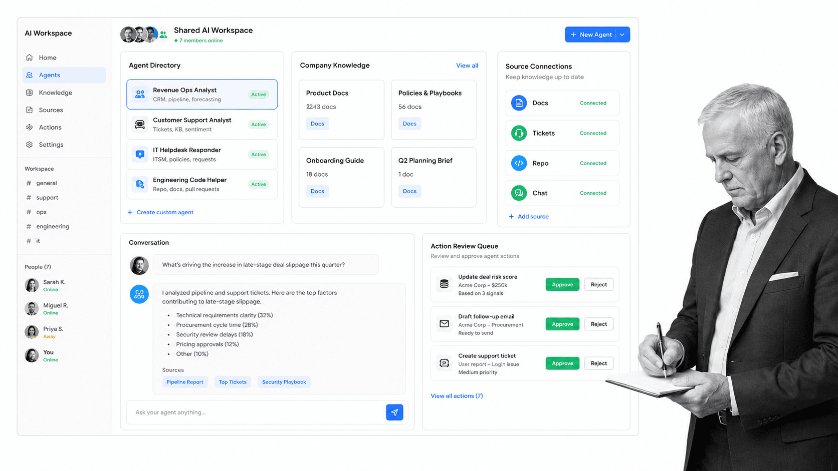 Dust Anthropic AI employee alternative product UI for Teams that want a shared AI workspace for custom agents and company knowledge