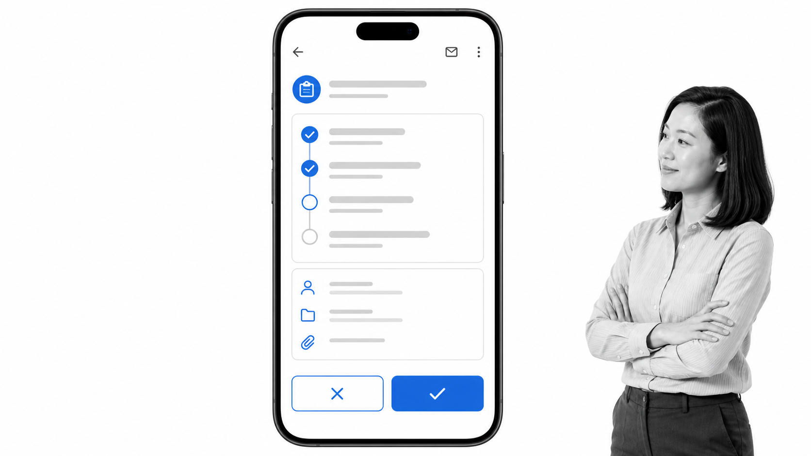 Mobile approval controls shown on a phone beside a decision-maker