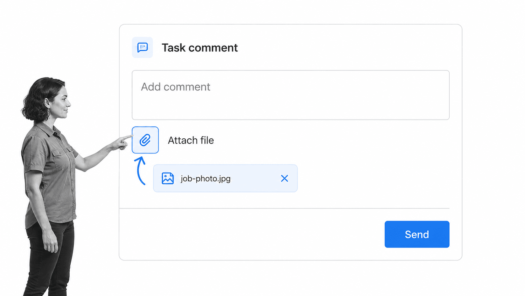 Task comment panel with an attached job photo and a black-and-white operations coordinator at the left edge