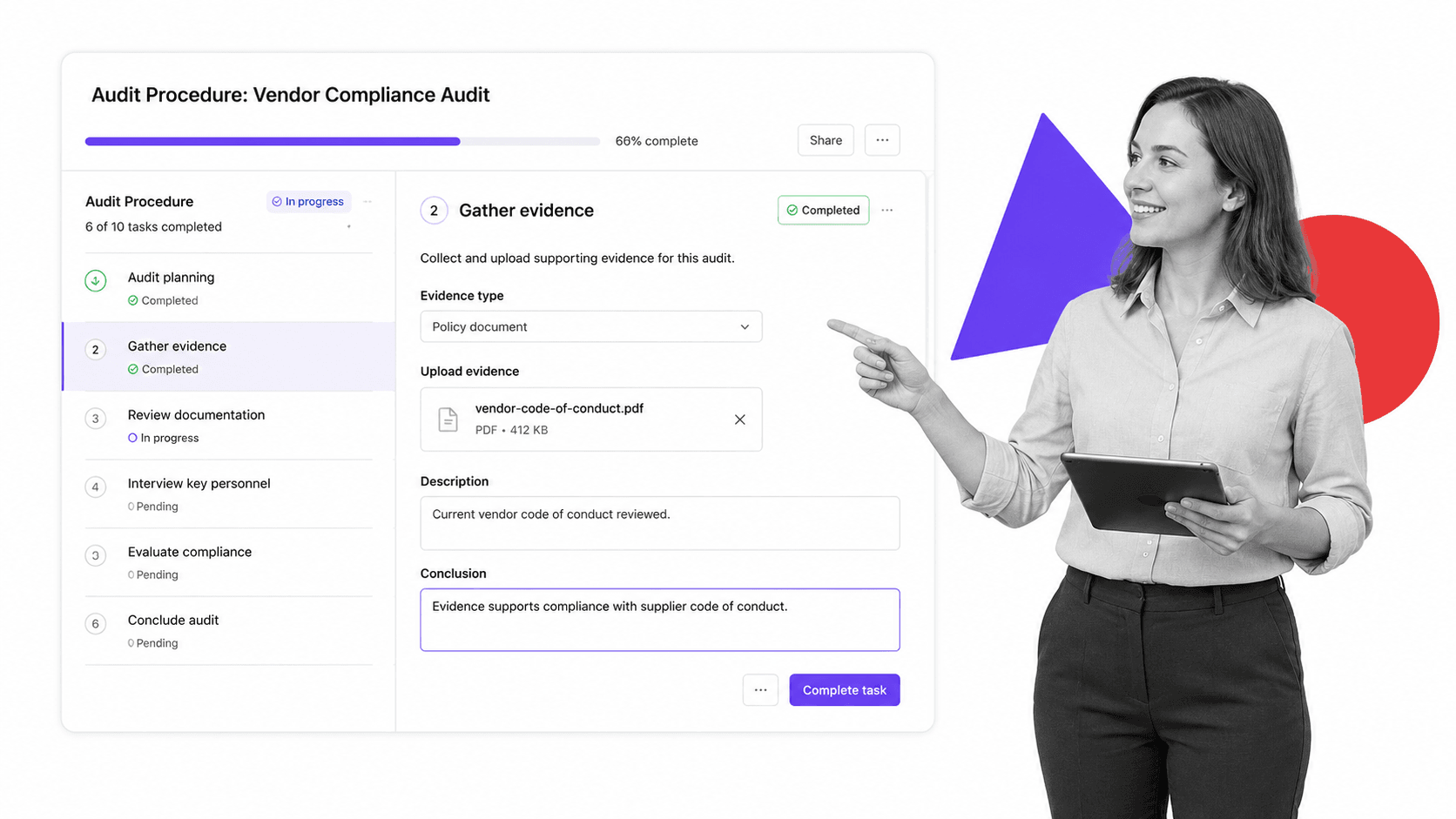 Process Street audit procedure workflow run with an evidence form and a Gather evidence task